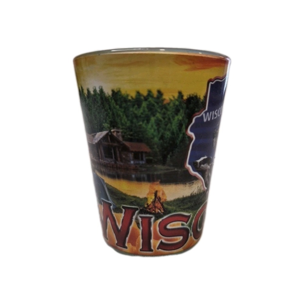 Wisconsin Shot Glass Souvenir Barn Cows State Bird Cabin